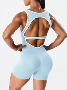SHEIN Sports 女款無縫露背運動連身短褲，附飾邊 - 淺藍色 - 查看 7