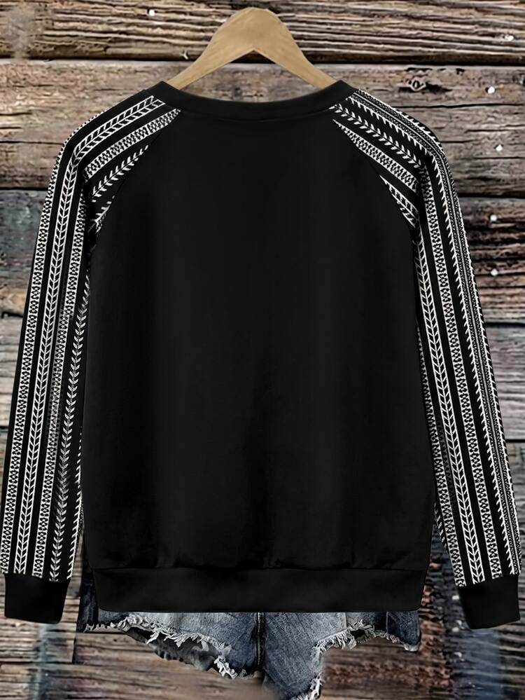 EMERY ROSE Casual Floral Striped Print Plus Size Women's Autumn/Winter Raglan Sleeve Black Sweatshirt Fall - Multicolor - View 2