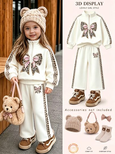 Baby Girl 2-Piece Set Casual Fashion Spring/Autumn/Winter Girls Stand Collar Sweatshirt & Wide Leg Sweatpants Outfit, Sweet Cool Leopard Print Bow Pattern, Outing Set, Soft Fabric, Fashion Wide Leg Pants Style, Spring/Autumn/Winter Girls Clothing Set, Girls Wide Leg Pants Outfit