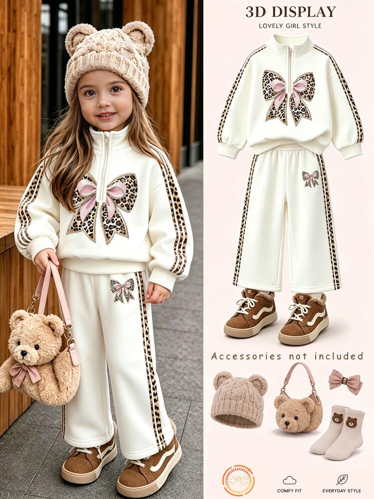 Baby Girl 2-Piece Set Casual Fashion Spring/Autumn/Winter Girls Stand Collar Sweatshirt & Wide Leg Sweatpants Outfit, Sweet Cool Leopard Print Bow Pattern, Outing Set, Soft Fabric, Fashion Wide Leg Pants Style, Spring/Autumn/Winter Girls Clothing Set, Girls Wide Leg Pants Outfit - Multicolor - View 1