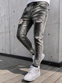 EGENSIO Men's Casual Washed Distressed Slim Fit Denim Jeans - Black - View 5