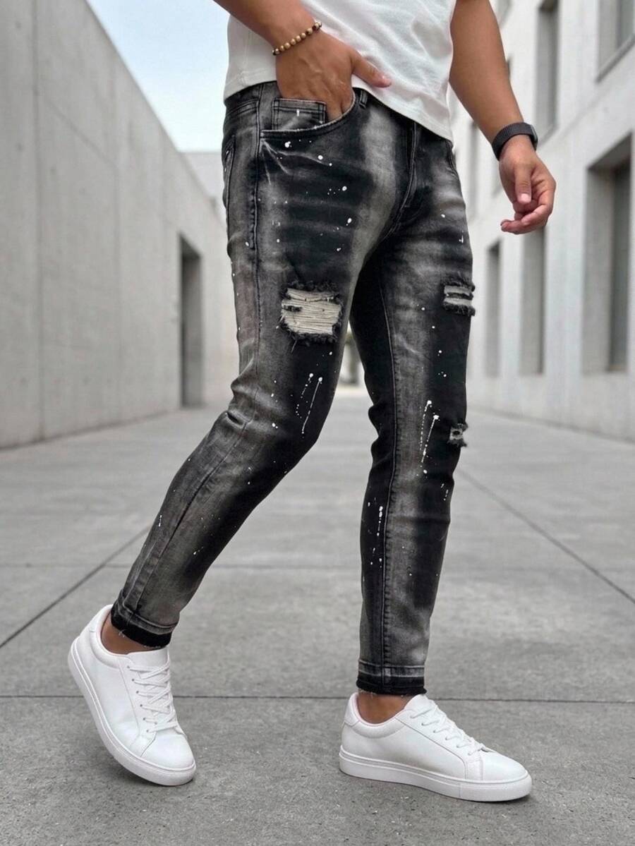 EGENSIO Men's Casual Washed Distressed Slim Fit Denim Jeans - Black - View 1