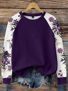EMERY ROSE Casual Romantic Floral Print Plus Size Women's Autumn/Winter Raglan Sleeve Purple Sweatshirt - Multicolor - View 5