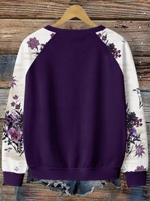 EMERY ROSE Casual Romantic Floral Print Plus Size Women's Autumn/Winter Raglan Sleeve Purple Sweatshirt - Multicolor - View 2
