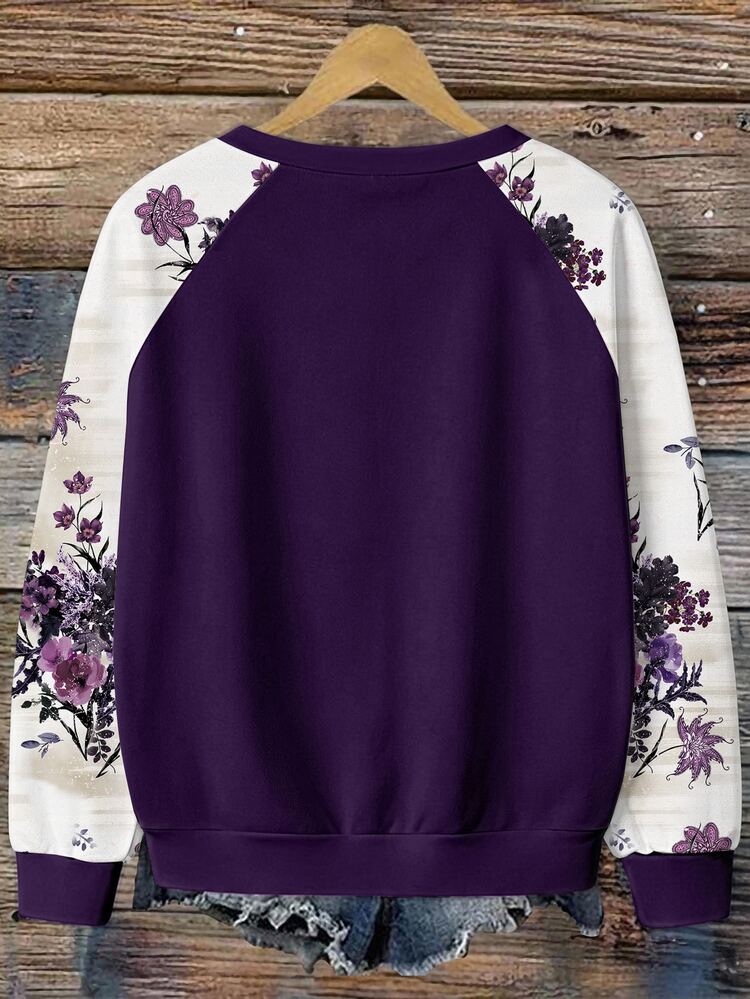 EMERY ROSE Casual Romantic Floral Print Plus Size Women's Autumn/Winter Raglan Sleeve Purple Sweatshirt - Multicolor - View 2