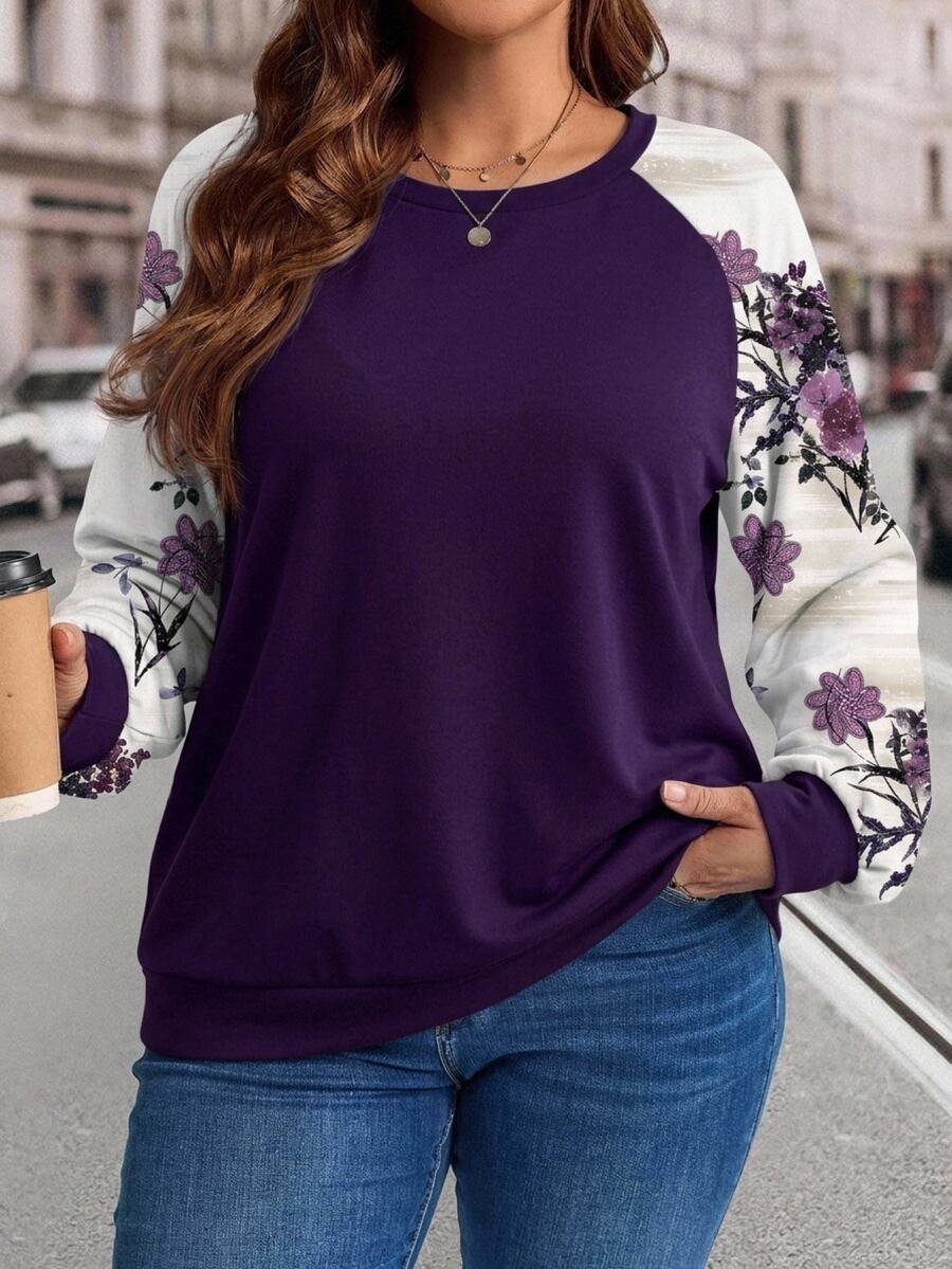 EMERY ROSE Casual Romantic Floral Print Plus Size Women's Autumn/Winter Raglan Sleeve Purple Sweatshirt - Multicolor - View 1