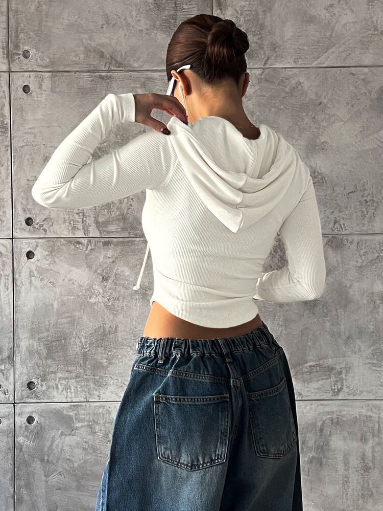 DAZY Outdoor Slim Fit Zip Front Hooded T-Shirt For Summer Casual Wear,Fall Clothes,Back To School Clothes Long Sleeve Women Tops - White - View 4