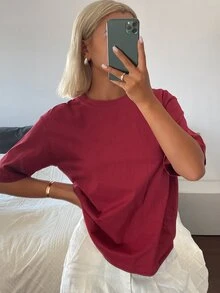DAZY 女士纯色圆领短袖T恤，适合日常穿着和夏季户外活动。 - 酒紅色 - 查看 6