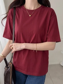 DAZY 女士纯色圆领短袖T恤，适合日常穿着和夏季户外活动。 - 酒紅色 - 查看 4