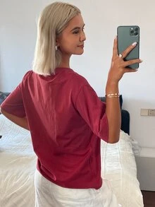 DAZY 女士纯色圆领短袖T恤，适合日常穿着和夏季户外活动。 - 酒紅色 - 查看 7