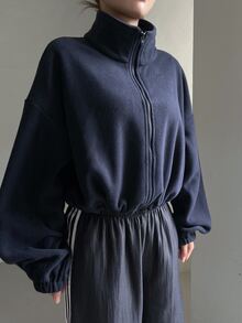 DAZY 女士纯色立领收腰保暖内衬夹克，冬季外套，秋季女装 - 藏蓝色 - 查看 4