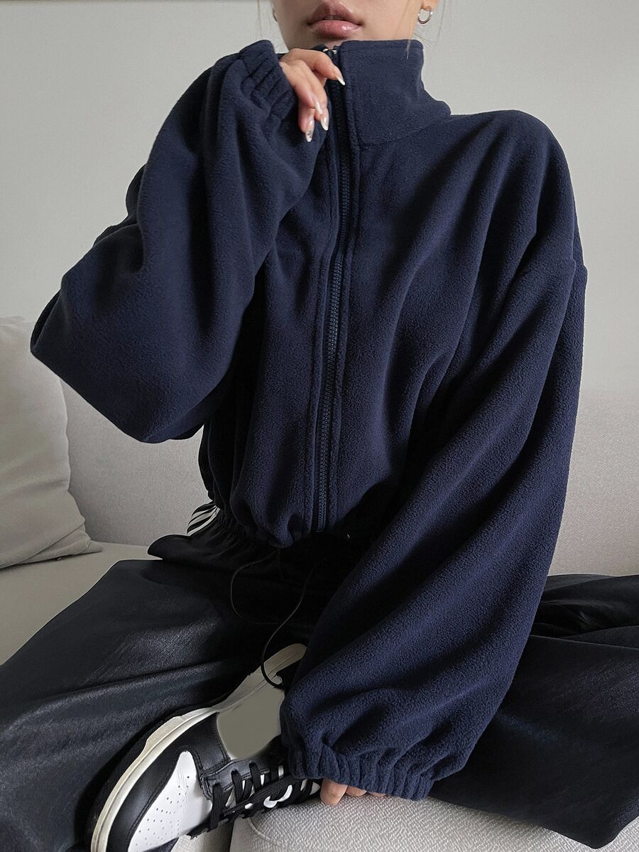 DAZY 女士纯色立领收腰保暖内衬夹克，冬季外套，秋季女装 - 藏蓝色 - 查看 1
