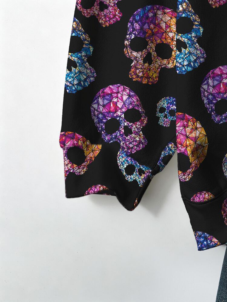 EMERY ROSE Halloween Colorful Skull Pattern Plus Size Women's Autumn/Winter Casual Long Sleeve Crew Neck Loose Pullover Sweatshirt, Halloween Costume, Black Top - Multicolor - View 4