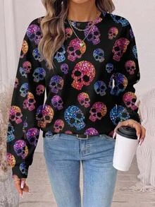 EMERY ROSE Moletom Feminino Plus Size Casual de Manga Longa com Gola Redonda e Estampa Colorida de Caveira de Halloween, Solto, para Outono/Inverno, Fantasia de Halloween, Top Preto - Multicolorido - Visão 1