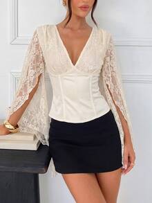 SHEIN Glamour Women's Satin Lace Patchwork V-Neck Top Night Out Date Night Cream White Autumn Sexy - Champagne - View 4