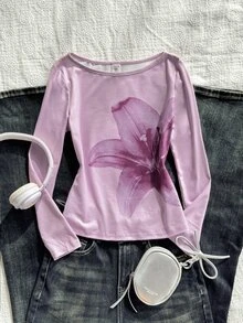 SHEIN 少女花卉印花船領長袖T恤 - 粉色 - 查看 2