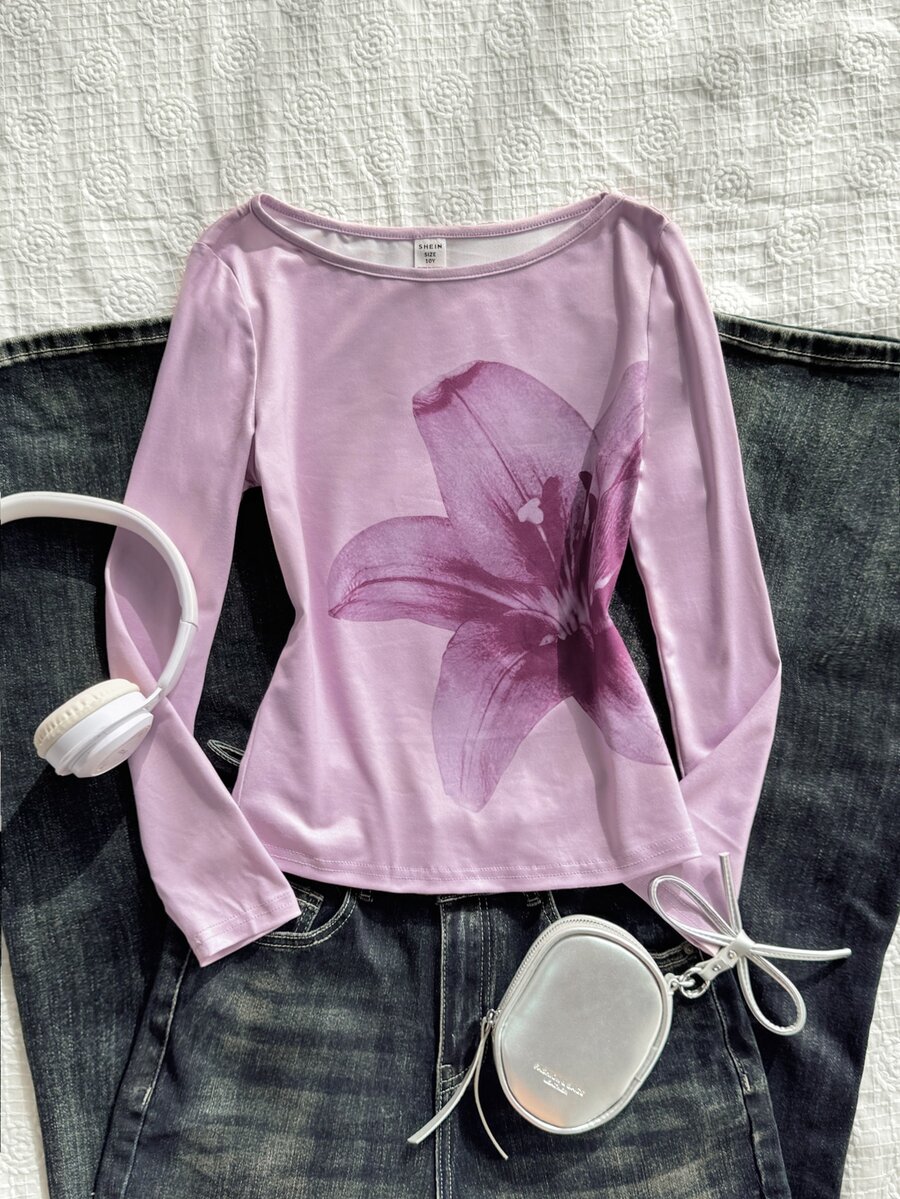 SHEIN Tween Girl Floral Print Boat Neck Long Sleeve T-Shirt - Pink - View 1