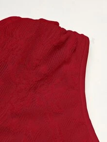 SHEIN Girlism 少女蕾丝边饰褶皱肩部优雅长裙，适合通勤和正式场合 - 酒紅色 - 查看 7