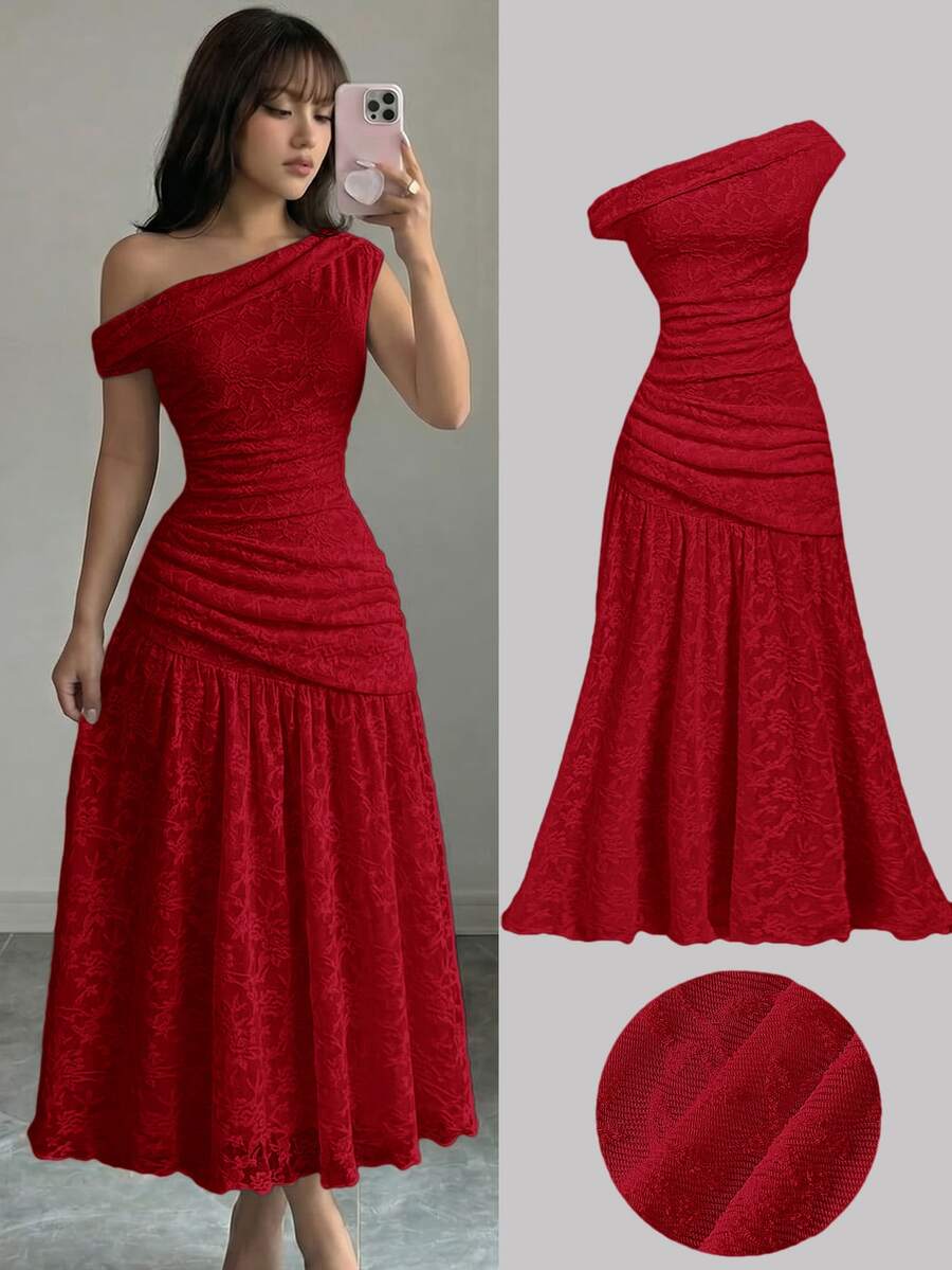 SHEIN Girlism Teen Girls Lace Trim Ruched Shoulder Elegant Long Dress, Suitable For Commute And Formal Occasions - Burgundy - View 1