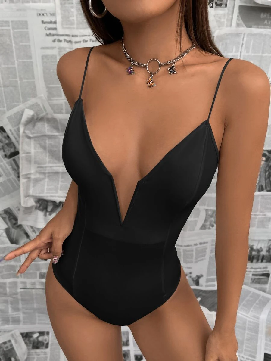 SHEIN ICON Solid Plunge Neck Cami Bodysuit - Black - View 1