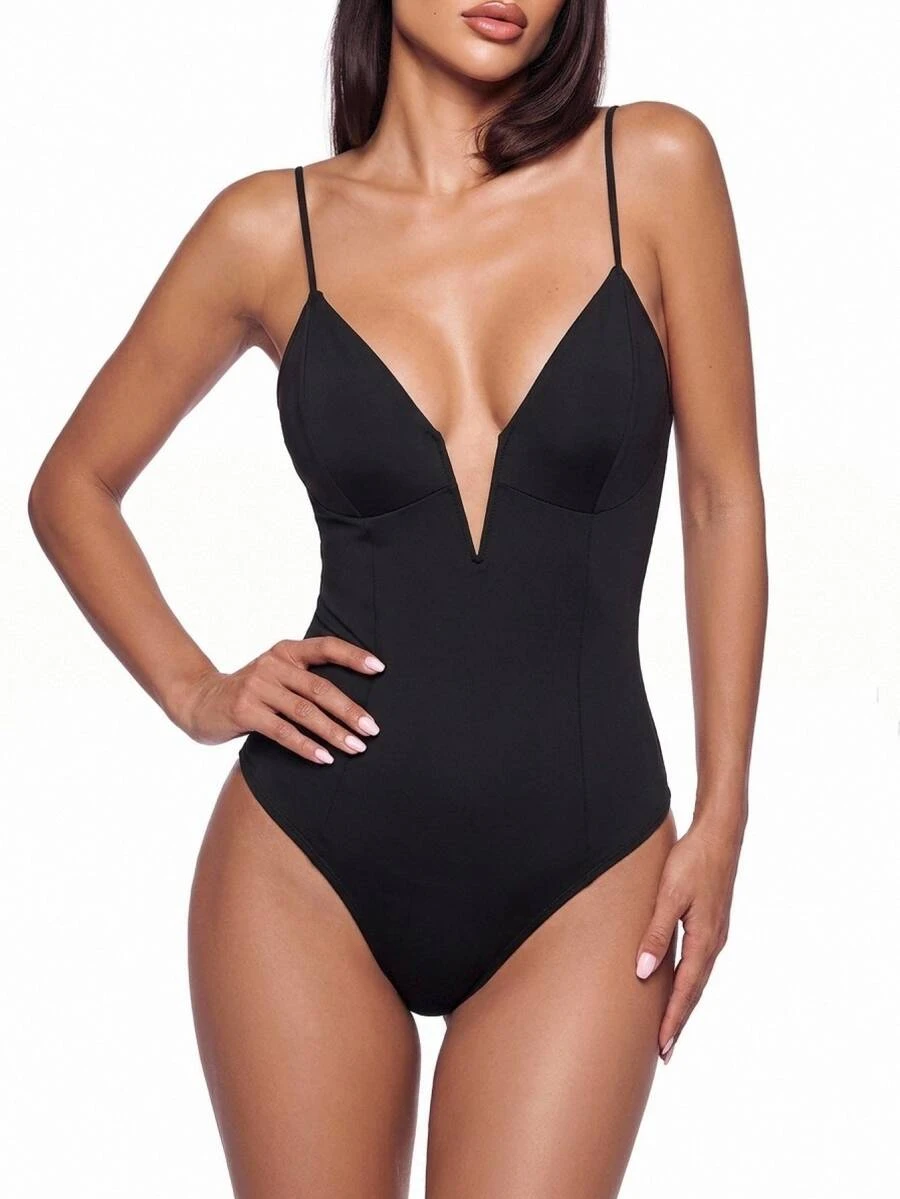 SHEIN ICON Solid Plunging Neck Cami Bodysuit - Black - View 1