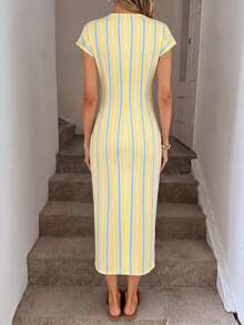 SHEIN LUNE Striped Print Twist Front Split Thigh Dress - Multicolor - View 2
