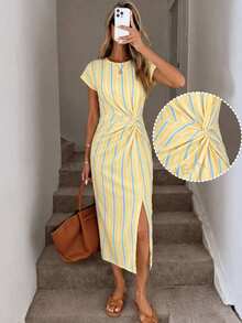 SHEIN LUNE Striped Print Twist Front Split Thigh Dress - Multicolor - View 3