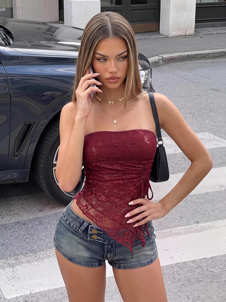 Sweetina 蕾丝拼布抽绳不对称下摆短款吊带背心 - 酒紅色 - 查看 2