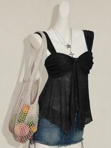 Sweetina Black Lace Sweetheart Tank Top With Wide Straps And Asymmetrical Ruched Hem - Black - View 8