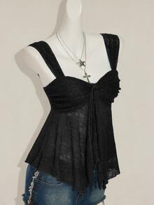Sweetina Black Lace Sweetheart Tank Top With Wide Straps And Asymmetrical Ruched Hem - Black - View 11
