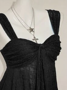 Sweetina Black Lace Sweetheart Tank Top With Wide Straps And Asymmetrical Ruched Hem - Black - View 10