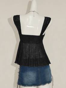 Sweetina Black Lace Sweetheart Tank Top With Wide Straps And Asymmetrical Ruched Hem - Black - View 4