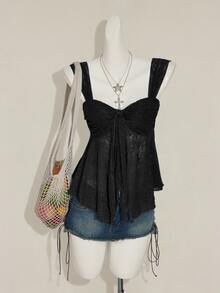 Sweetina Black Lace Sweetheart Tank Top With Wide Straps And Asymmetrical Ruched Hem - Black - View 7