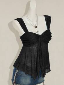 Sweetina Black Lace Sweetheart Tank Top With Wide Straps And Asymmetrical Ruched Hem - Black - View 9