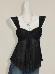 Sweetina Black Lace Sweetheart Tank Top With Wide Straps And Asymmetrical Ruched Hem - Black - View 6