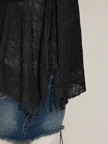 Sweetina Black Lace Sweetheart Tank Top With Wide Straps And Asymmetrical Ruched Hem - Black - View 12
