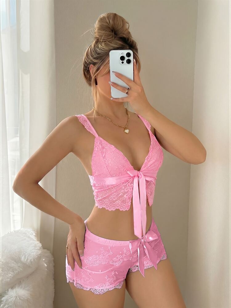Sweetina Fitted Lace Sheer Tie-Front Camisole For Women,Summer Top - Pink - View 7