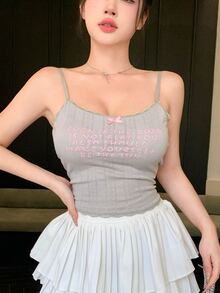 DAZY Sleeveless Slim Fit Letter Print Bowknot Decor Women's Camisole Top Preppy Tops - Grey - View 3