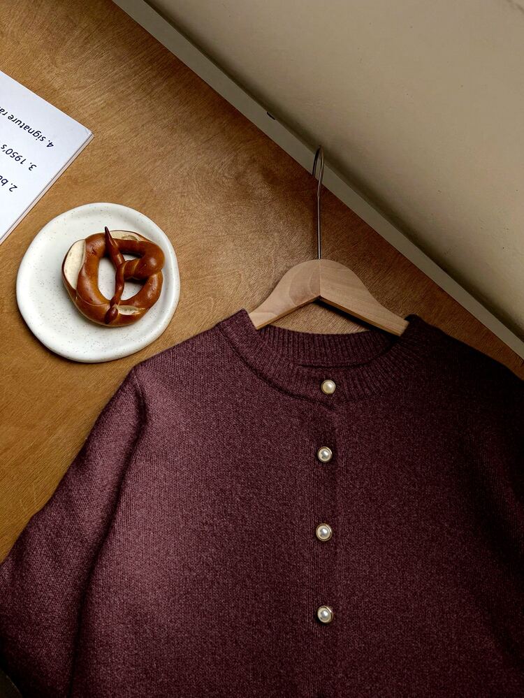 Franclia Women's Classic Solid Color Cardigan, Versatile & Fashionable Fall Winter Cloth For Women - Burgundy - View 5