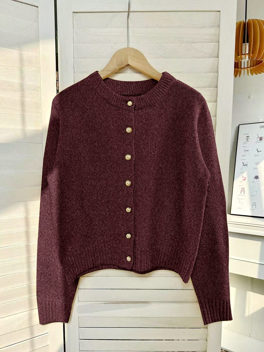 Franclia Women's Classic Solid Color Cardigan, Versatile & Fashionable Fall Winter Cloth For Women - Burgundy - View 1