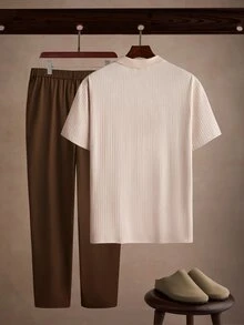 Core Aspect 2pcs Set: Vertical Ribbed Knit Fitted Casual Business Commute Daily Polo Short Sleeve Top With Solid Color Half Elastic Waistband And Belt Loops, Zipper Casual Straight Leg Trousers - Multicolor - View 2