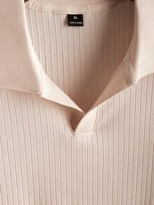 Core Aspect 2pcs Set: Vertical Ribbed Knit Fitted Casual Business Commute Daily Polo Short Sleeve Top With Solid Color Half Elastic Waistband And Belt Loops, Zipper Casual Straight Leg Trousers - Multicolor - View 3