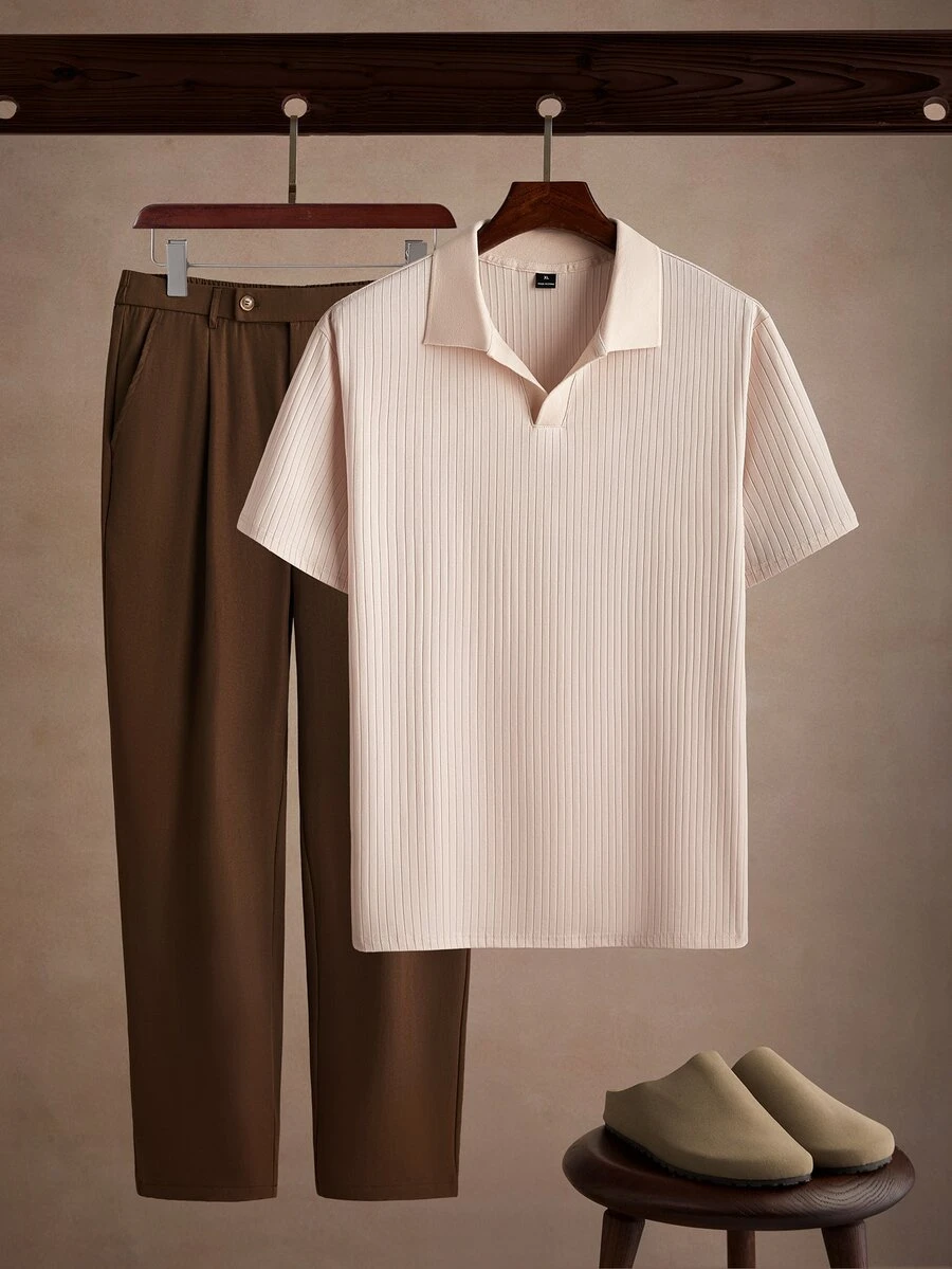 Core Aspect 2pcs Set: Vertical Ribbed Knit Fitted Casual Business Commute Daily Polo Short Sleeve Top With Solid Color Half Elastic Waistband And Belt Loops, Zipper Casual Straight Leg Trousers - Multicolor - View 1