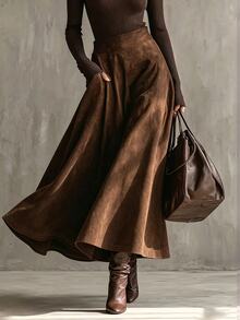 Glimmora Autumn/Winter Plus Size Women's Vintage Fashion Plus Size Flare Solid Color Pocket Skirt - Brown - View 4