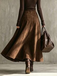 Glimmora Autumn/Winter Plus Size Women's Vintage Fashion Plus Size Flare Solid Color Pocket Skirt - Brown - View 2