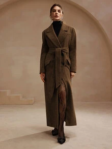 Anewsta Essential Anewsta 女士优雅派对冬装外套，棕色中长款，配腰带，羊毛加厚外套，适合秋季、冬季、外出、优雅、正式、派对、时尚、新年、圣诞节、工作、毕业典礼、婚礼等场合。 - 棕色 - 查看 7