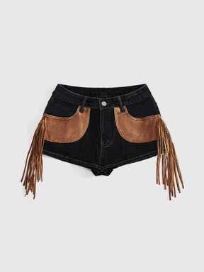 Hippie Western Cowboy Suede Patchwork Fringe Distressed Vintage Denim Skinny Low Waist Women's Denim Shorts