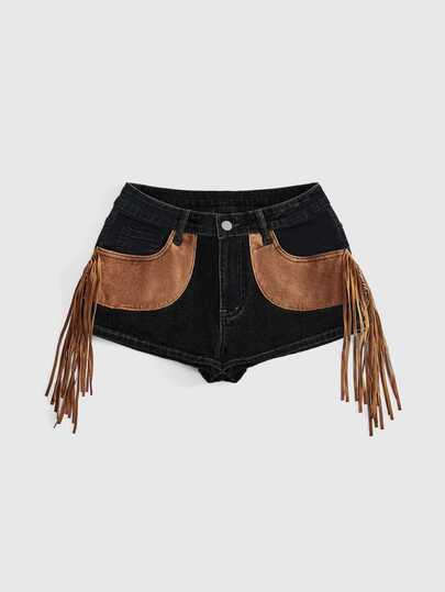 Hippie Western Cowboy Suede Patchwork Fringe Distressed Vintage Denim Skinny Low Waist Women's Denim Shorts