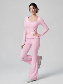 DAZY Women's Long Sleeve Top & Flare Pants Sports Set Fall - Pink - View 3