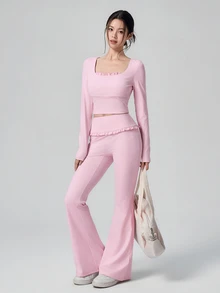 DAZY Women's Long Sleeve Top & Flare Pants Sports Set Fall - Pink - View 4